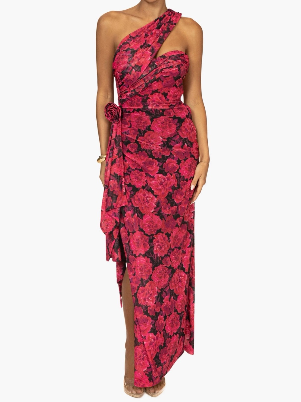 JLUXLABEL Villa Rosa One-Shoulder Mesh Dress